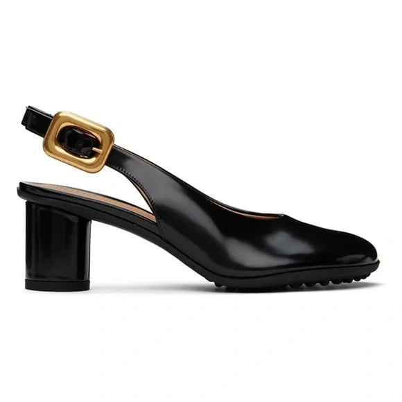 Bottega Veneta Black Leather Slingback Heels with Gold Buckle - Picture 4 of 13